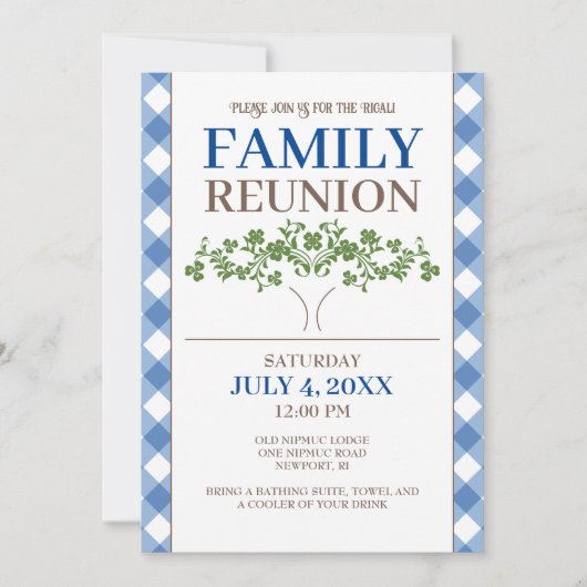 Familie Reunion Blue Gingham Tree Kaart (Voorkant)