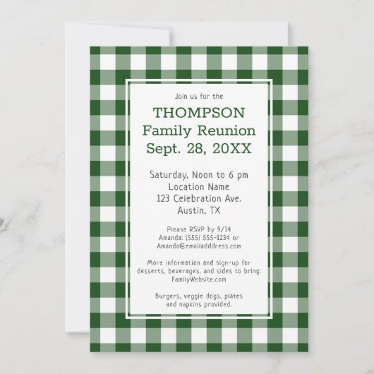 Familie Reunion Green White Buffalo Check Party Kaart (Voorkant)
