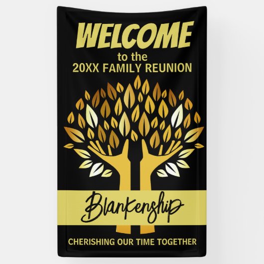 Familie Reunion Handen Boom bladeren op Black Cust Spandoek (Verticaal)