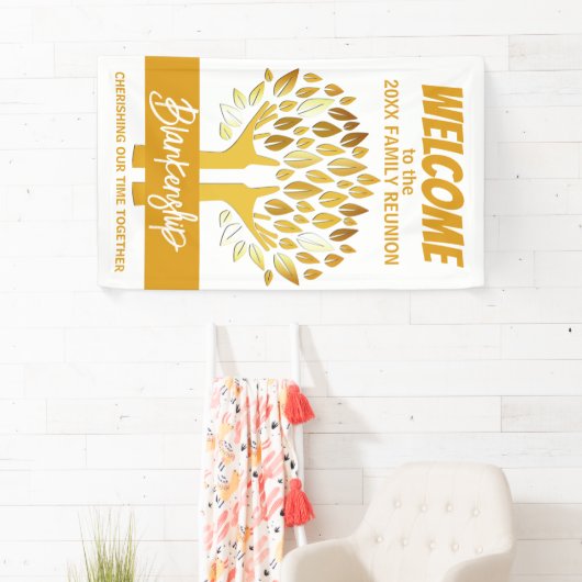 Familie Reunion Handen Boom Bladeren op Witte Cust Spandoek (Insitu)