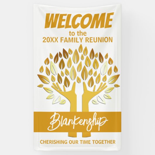 Familie Reunion Handen Boom Bladeren op Witte Cust Spandoek (Verticaal)