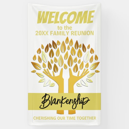 Familie Reunion Handen Boom Bladeren op Witte Cust Spandoek (Verticaal)