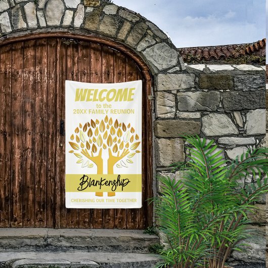 Familie Reunion Handen Boom Bladeren op Witte Cust Spandoek