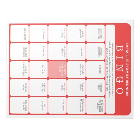 Familie reunion Ice Breaker Bingo Notitieblok (Voorkant)