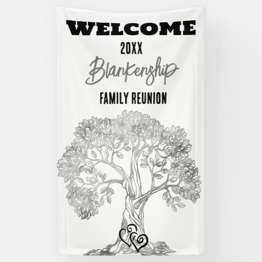 Familie Reunion Oude Grijze Boom op Zwart Custom Spandoek (Verticaal)