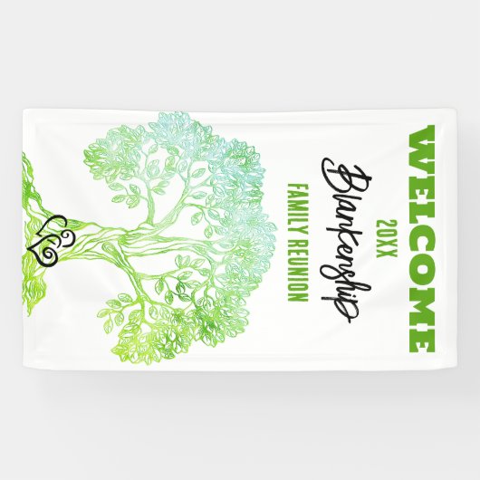 Familie Reunion Oude Groene Boom op Zwart Custom Spandoek (Horizontaal)