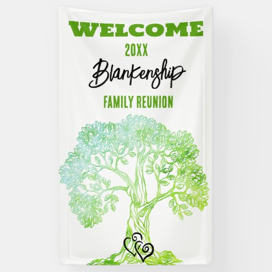 Familie Reunion Oude Groene Boom op Zwart Custom Spandoek (Verticaal)
