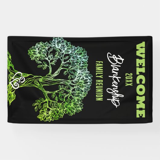Familie Reunion Oude Groene Boom op Zwart Custom Spandoek (Horizontaal)
