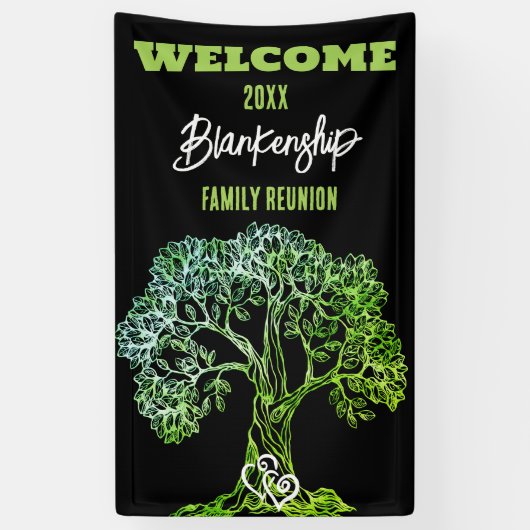 Familie Reunion Oude Groene Boom op Zwart Custom Spandoek (Verticaal)
