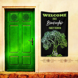 Familie Reunion Oude Groene Boom op Zwart Custom Spandoek
