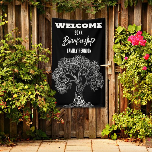 Familie Reunion Oude Witte Boom op Zwart Custom Spandoek