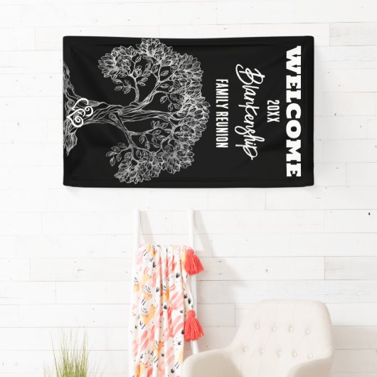 Familie Reunion Oude Witte Boom op Zwart Custom Spandoek (Insitu)