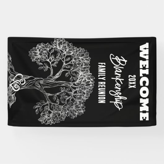 Familie Reunion Oude Witte Boom op Zwart Custom Spandoek (Horizontaal)