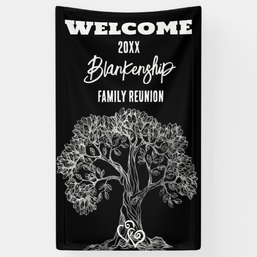 Familie Reunion Oude Witte Boom op Zwart Custom Spandoek (Verticaal)