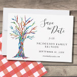 Familie reunion sparen het Briefkaart van de Aanko<br><div class="desc">Familie reunion sparen het Briefkaart van de Aankondiging van de Datum. Vraag uw familie om de datum voor uw familiereünie te bewaren met dit stijlvolle briefkaart. Het bevat een stamboom in de kleuren van de regenboog op een witte achtergrond. Er zijn sjablonen voor u om met uw familienaam en uw...</div>