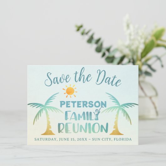 Familie Reunion Strand Palm Tree Tropical Save The Date (Staand voorkant)