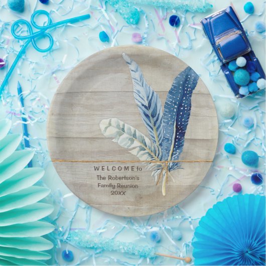 Familie reunion Wood Fence Board w Feather Papieren Bordje (Feest)