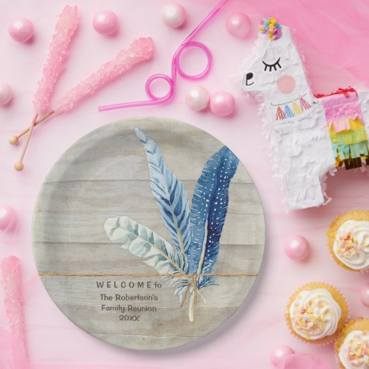 Familie reunion Wood Fence Board w Feather Papieren Bordje (Feest)