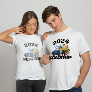 Familie roadtrip 2025, cartoonachtige stijl, op ma t-shirt