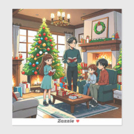 Familie rond de open haard met kerst - Sticker