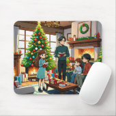 Familie rond de open haard met Kerstmis Muismat (Met muis)