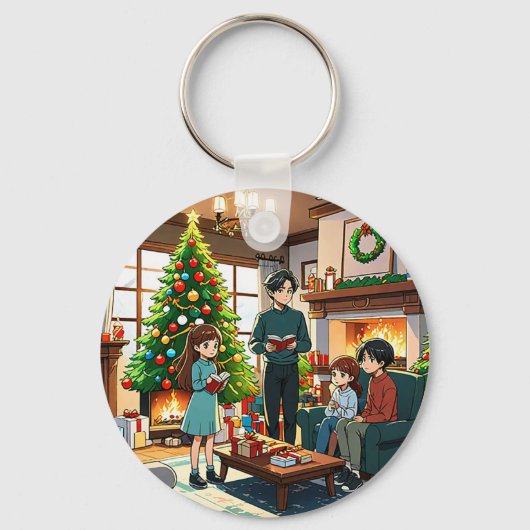 Familie rond de open haard met Kerstmis Sleutelhanger (Voorkant)