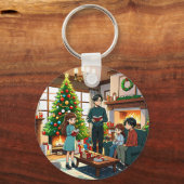 Familie rond de open haard met Kerstmis Sleutelhanger (Voorkant)