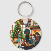 Familie rond de open haard met Kerstmis Sleutelhanger (Achterkant)