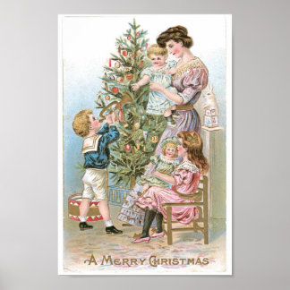 familie rond kerstboom poster