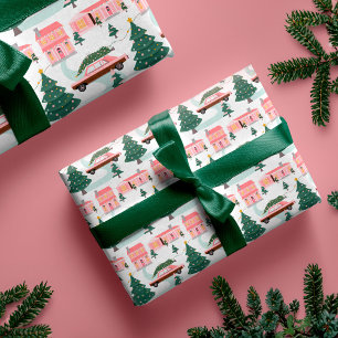 Familie Roze Vintage Auto Kerstboom Stad Cadeaupapier