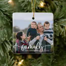 Familie Script Kalligrafie Foto Kerstmis Keramisch Ornament