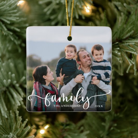 Familie Script Kalligrafie Foto Kerstmis Keramisch Ornament (Boom)