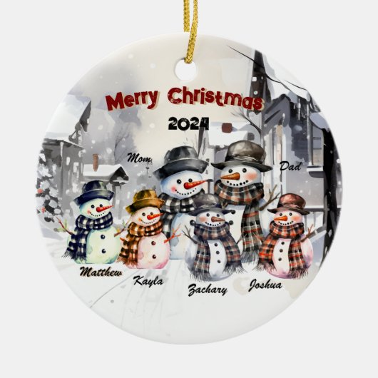 Familie Sneeuwman Gepersonaliseerde Kerst Ornament (Voorkant)