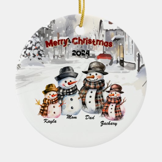 Familie Sneeuwman Gepersonaliseerde Kerst Ornament (Voorkant)