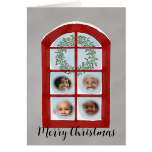 Familie Snowy Kerstmis Venster Fotokaart