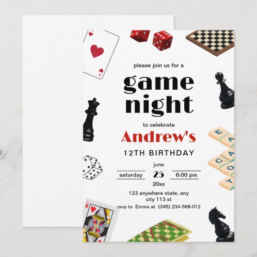 Familie Spel Uitnodiging Nacht, Bordspellen Verjaa (Voorkant / Achterkant)