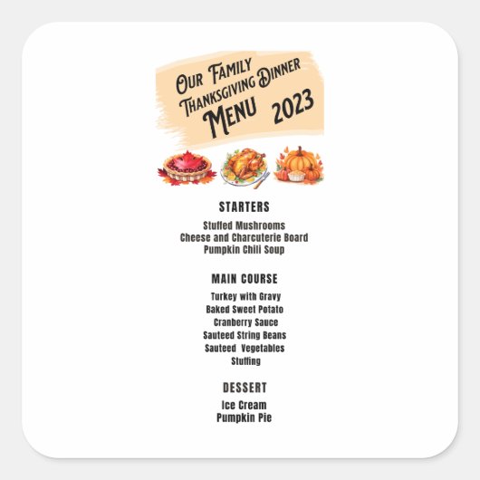 Familie Thanksgiving Diner Menu 2023 Vierkante Sticker (Voorkant)