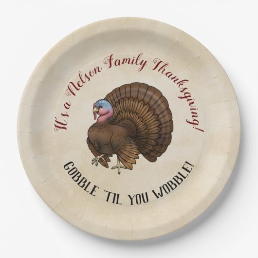 Familie Thanksgiving "Gobble "til you wobble!" Papieren Bordje (Voorkant)