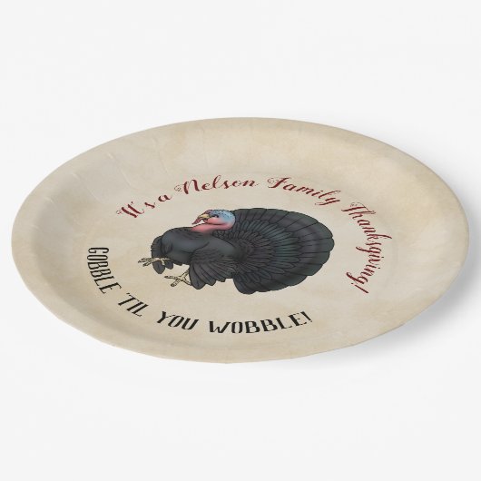 Familie Thanksgiving "Gobble "til you wobble!" Papieren Bordje (Gekanteld)