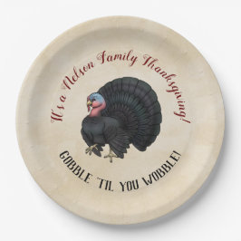 Familie Thanksgiving "Gobble "til you wobble!" Papieren Bordje