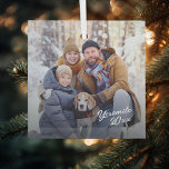 Familie vakantie foto aandenken glas ornament<br><div class="desc">Foto ornament met bewerkbare tekst. Snijd uw foto bij en pas de grootte ervan aan. Kies een willekeurige ornament stijl</div>