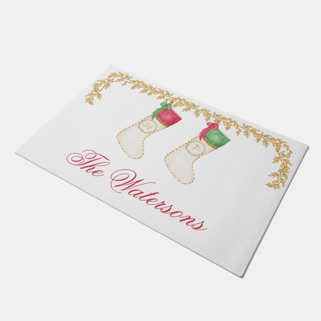 Familie van 2 - Waterverf Monogram Kousen Deurmat (Schuin)