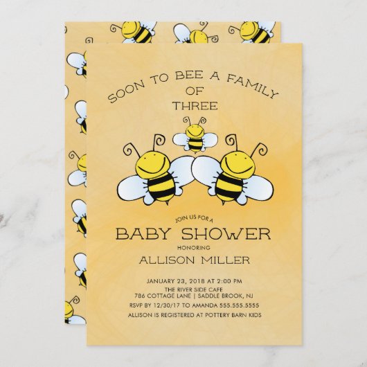 Familie van 3 Bee Baby shower Invitation Kaart (Voorkant / Achterkant)