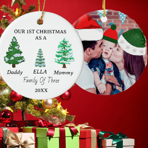 Familie van 3 Custom Baby's Eerste Kerstmis Foto Keramisch Ornament