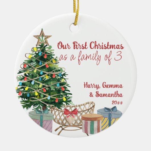 Familie van 3 foto's met kerstbomen en Wieg Keramisch Ornament (Voorkant)