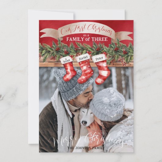 Familie van 3 Kerstkousen Foto Hond Mam Pap Feestdagenkaart (Voorkant)