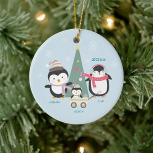 Familie van 3 pinguïns en kerstbomen keramisch ornament