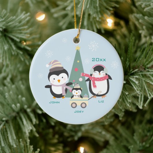 Familie van 3 pinguïns en kerstbomen keramisch ornament (Boom)