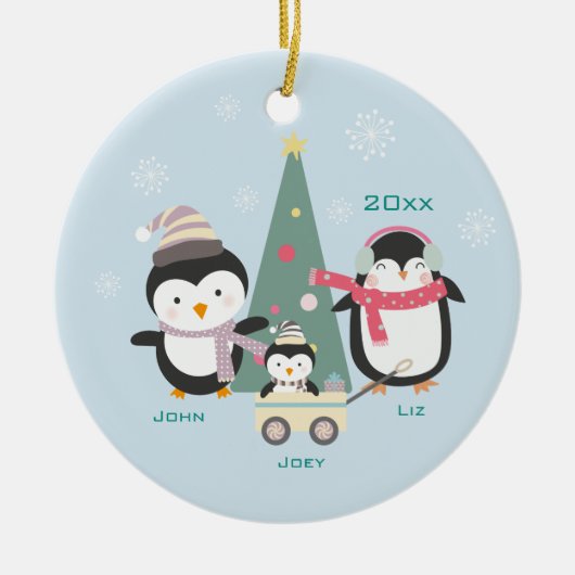 Familie van 3 pinguïns en kerstbomen keramisch ornament (Voorkant)