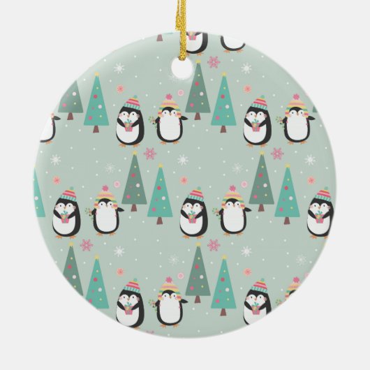 Familie van 3 pinguïns en kerstbomen keramisch ornament (Achterkant)